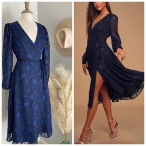 Lulus Evening of Elegance Navy Blue Floral Jacquard Wrap Dress